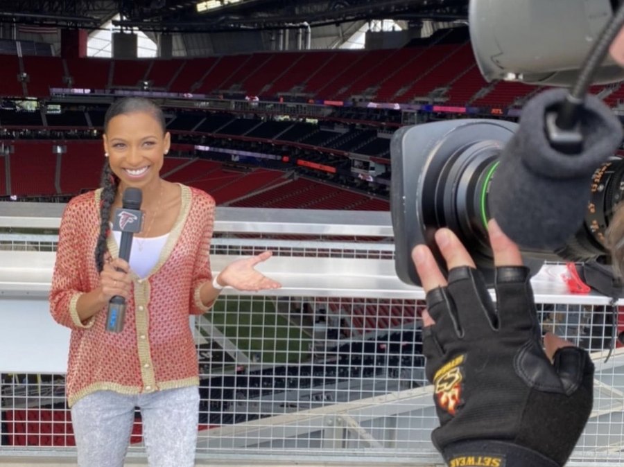 Chelsea delivering a live hit to a broadcast camera inside Mercedes-Benz Stadium