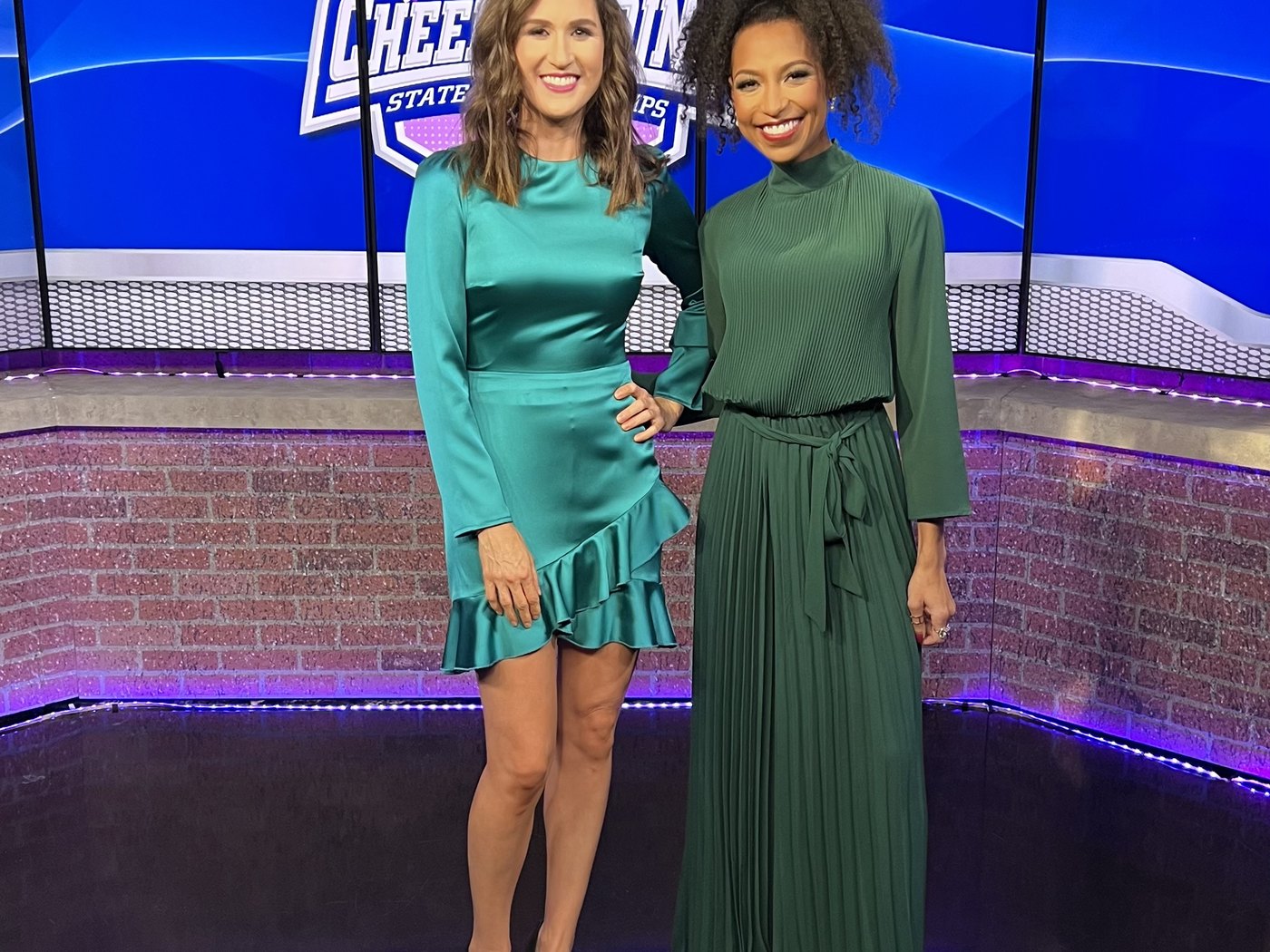 Chelsea and her co-host on the GHSA Cheerleading State Championships broadcast set